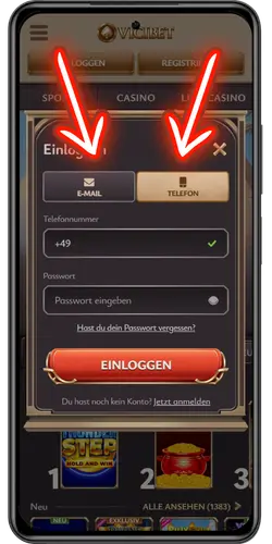 ViciBet Login Auswahl zwischen Telefon und E-Mail