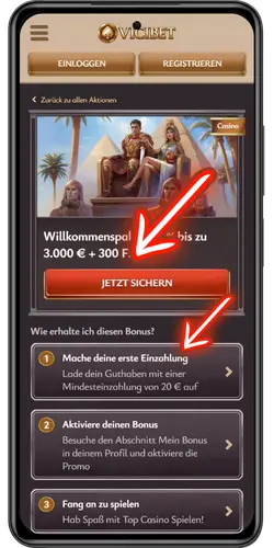 ViciBet Casino Bonus Bedingungen bestätigen und Bonus freischalten