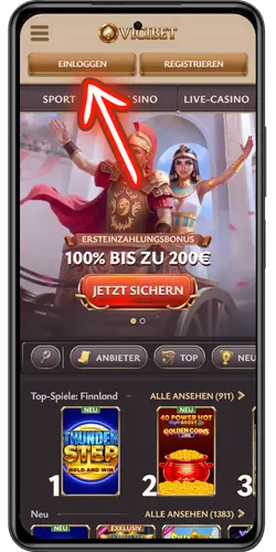 ViciBet Login Anmeldemaske über den Einloggen-Button aufrufen