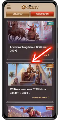 Vicibet Bonus Auswahl des Willkommenspakets vor der Einzahlung