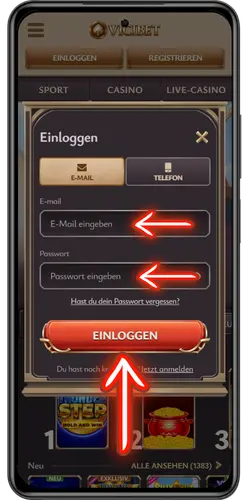 ViciBet Login Eingabe von E-Mail oder Telefon und Passwort